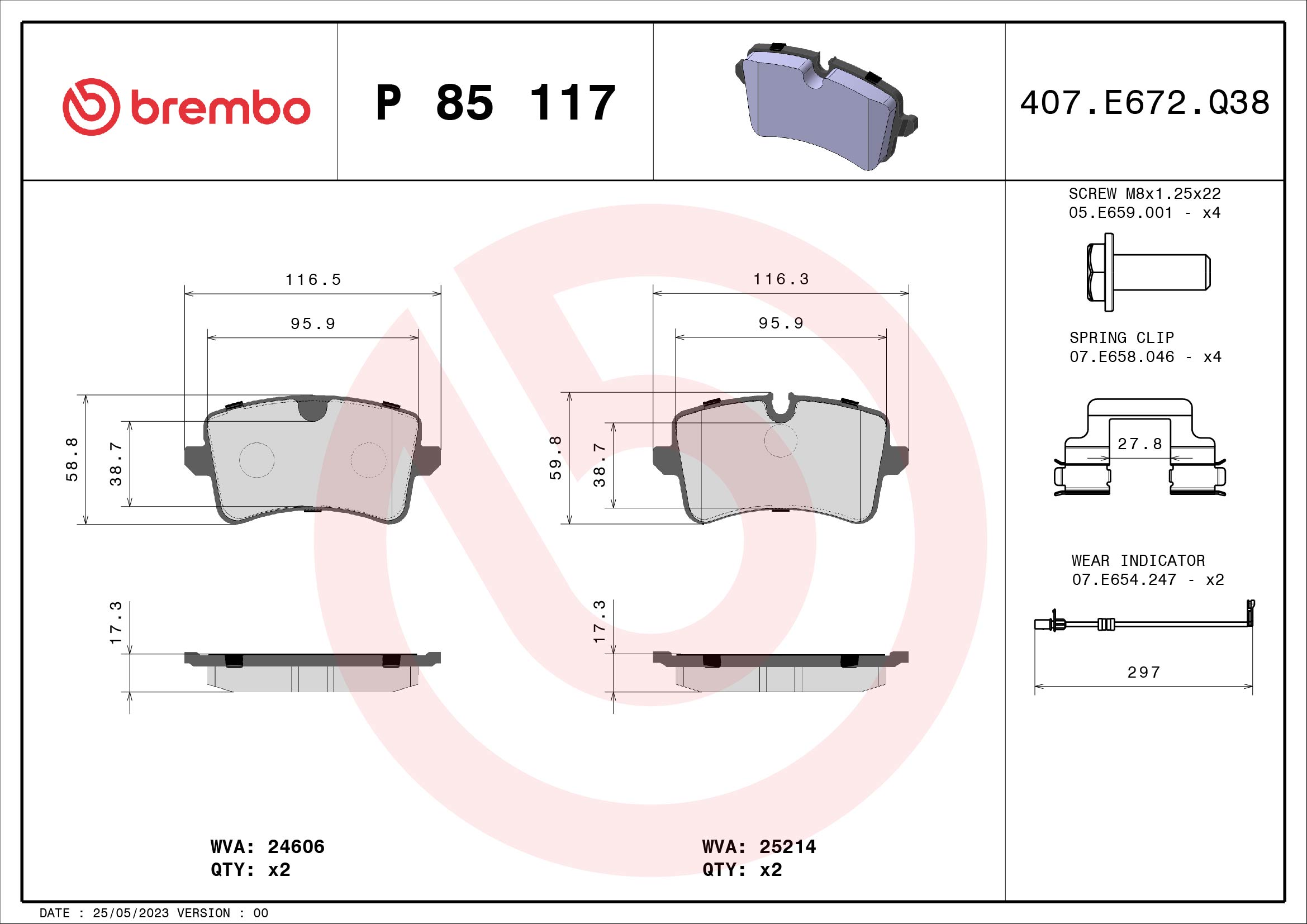 A.B.S. P 85 117 BREMBO Bremsbelagsatz, Scheibenbremse